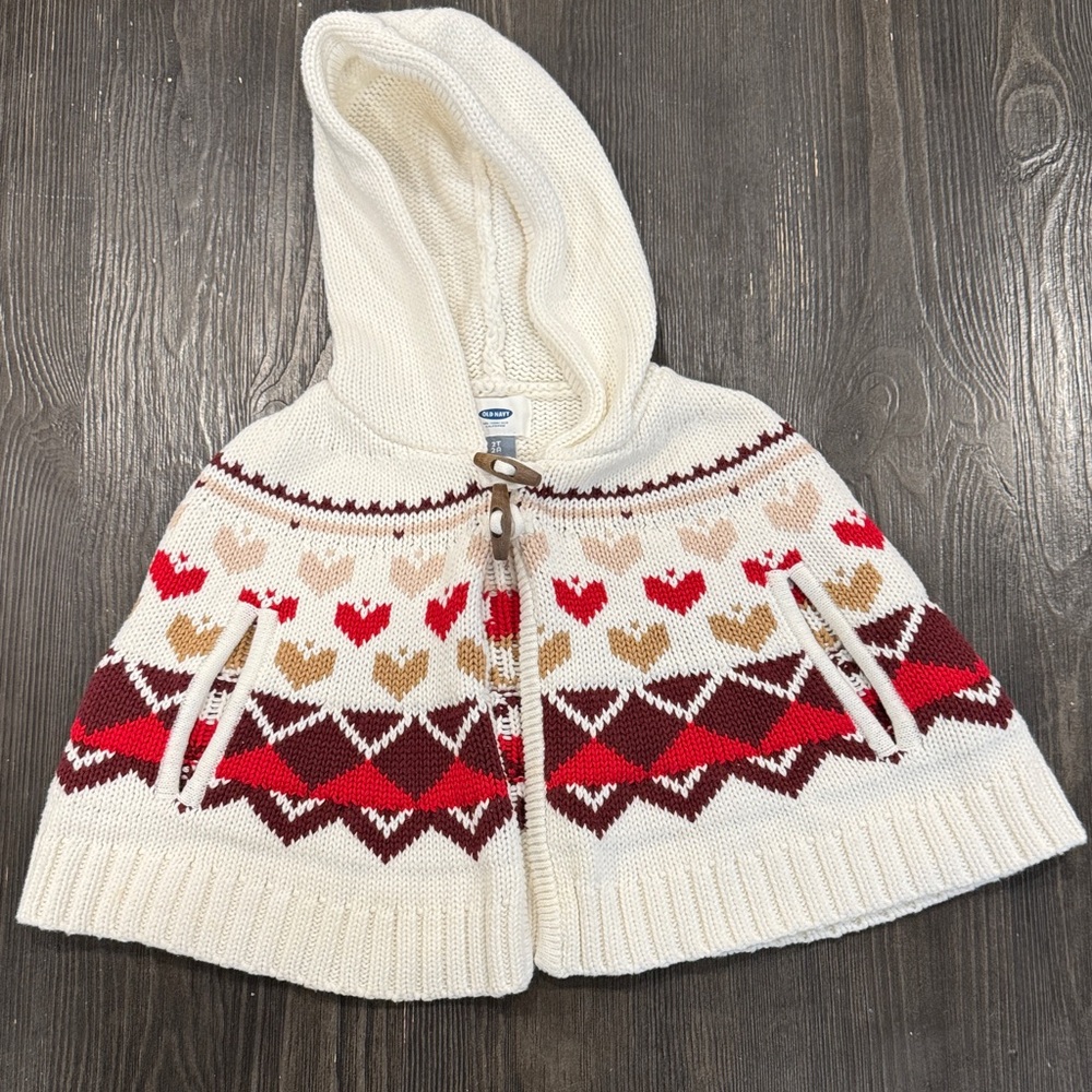 Old Navy Cream Hooded Poncho with Heart Pattern